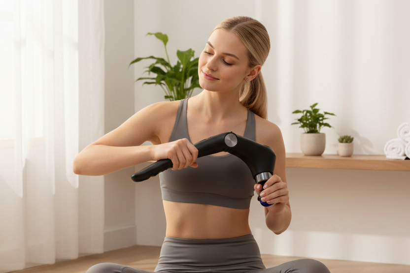 Woman using fascia release massage gun during relaxing at-home wellness recovery routine
