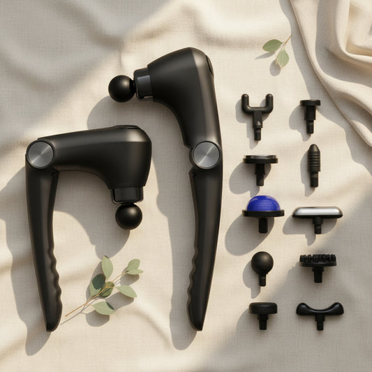 Premium fascia massage gun with extended ergonomic handle and massage nozzles by WellEssence displayed on neutral luxury wellness background.
